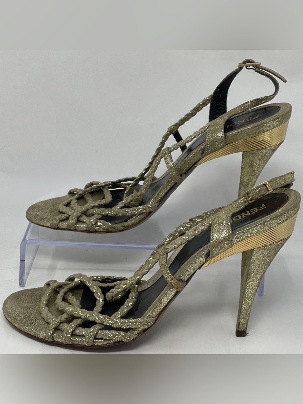 Fendi Vintage Gold Metallic Leather Braided Cage Sandals Open Toe Heels EU 38